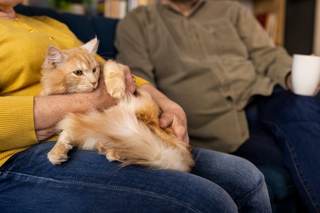 Foto gratuita ancianos con mascota gato