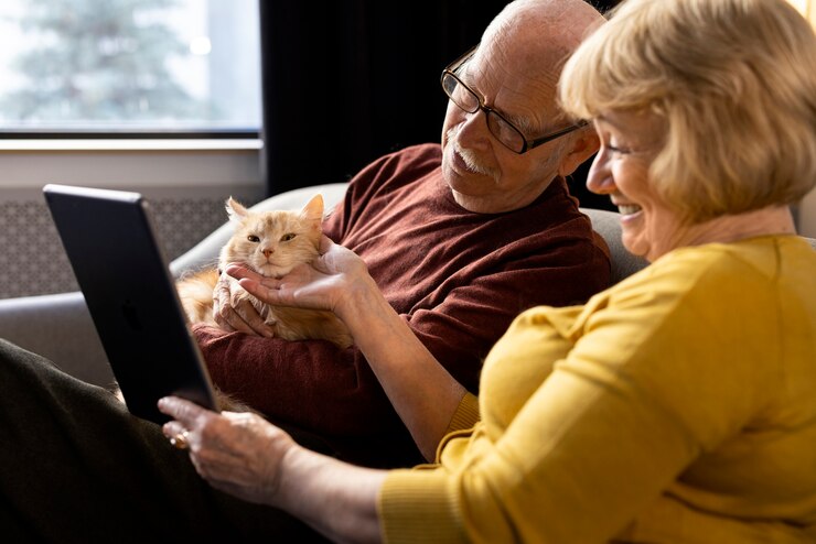 Foto gratuito ancianos con mascota gato