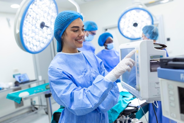 Anestesiólogo que realiza un seguimiento de las funciones vitales del cuerpo durante la cirugía cardíaca Cirujano que mira el monitor médico durante la cirugía Médico que controla el estado de salud del paciente