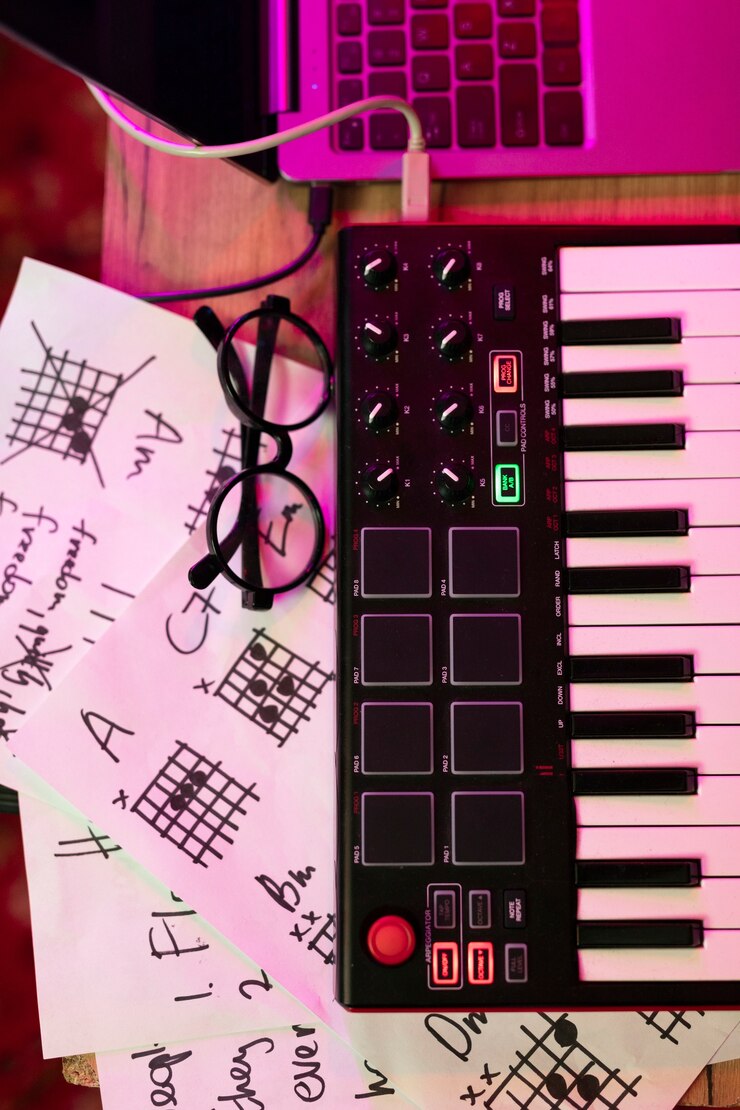 Foto gratuito ángulo alto de un teclado en un evento musical local