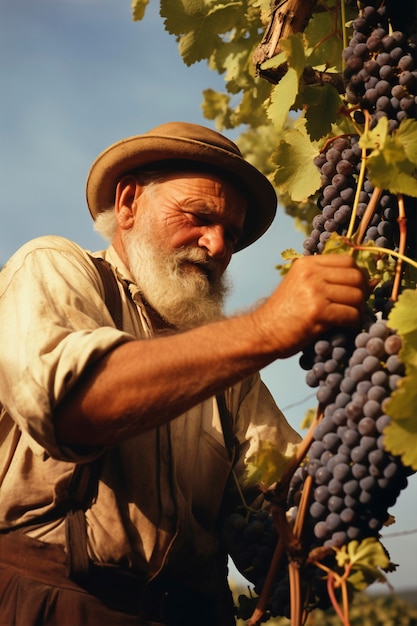 Foto gratuita Ángulo bajo hombre mayor recogiendo uvas