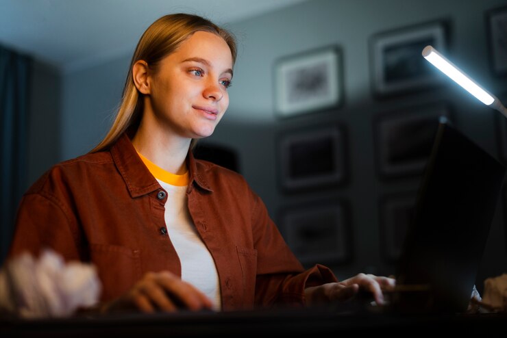 Foto gratuito ángulo bajo de mujer que trabaja en la computadora portátil