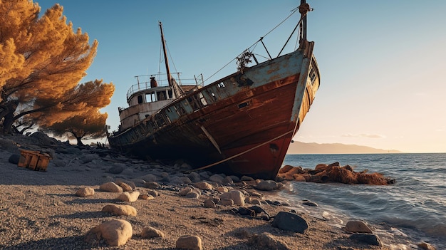 Foto gratuita anidado a lo largo de la playa chipriota una antigua nave su metal corrodido por el tiempo reside