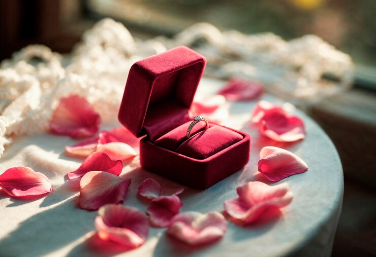 Anillo de compromiso en una caja de anillos roja rodeada de pétalos de rosa