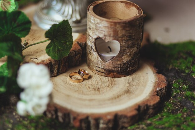 anillos de bodas de oro en el tocón en una hierba verde