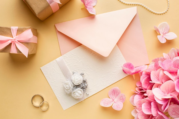 Anillos y invitación floral de concepto de boda