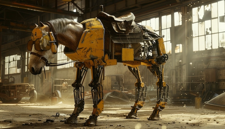 Foto gratuito animal mitad caballo y mitad robot con partes tecnológicas futuristas