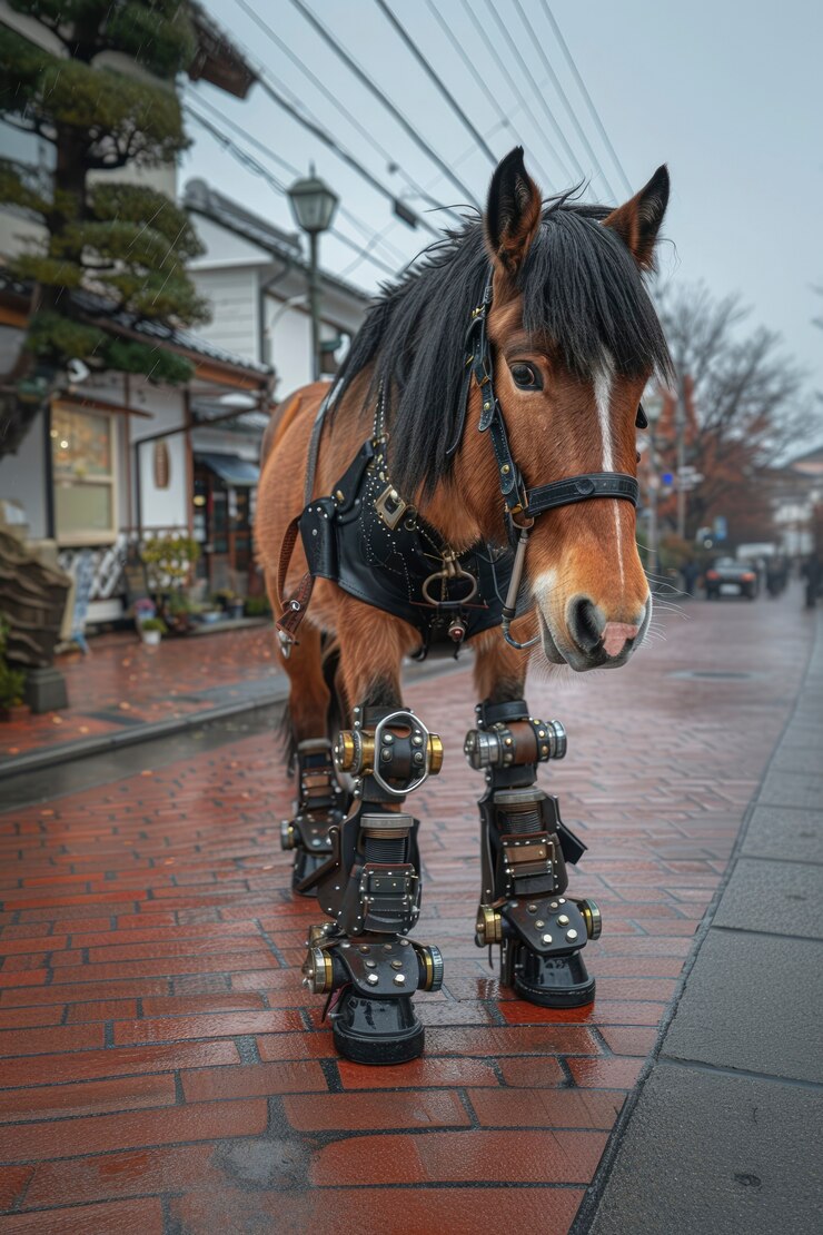 Foto gratuito animal mitad caballo y mitad robot con partes tecnológicas futuristas