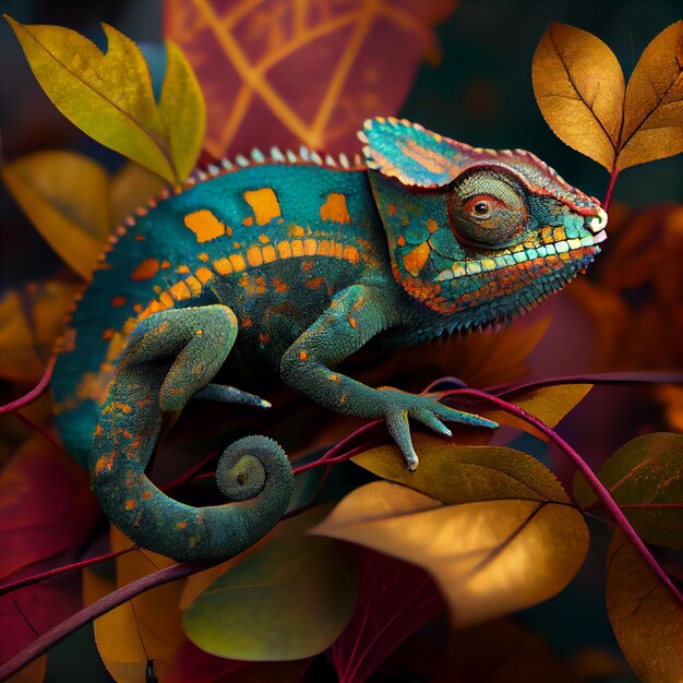 Animal en la naturaleza, lagarto multicolor en hoja, IA generativa.
