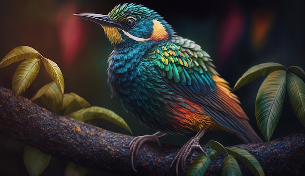 Animal posado en una rama exhibe colores vibrantes IA generativa