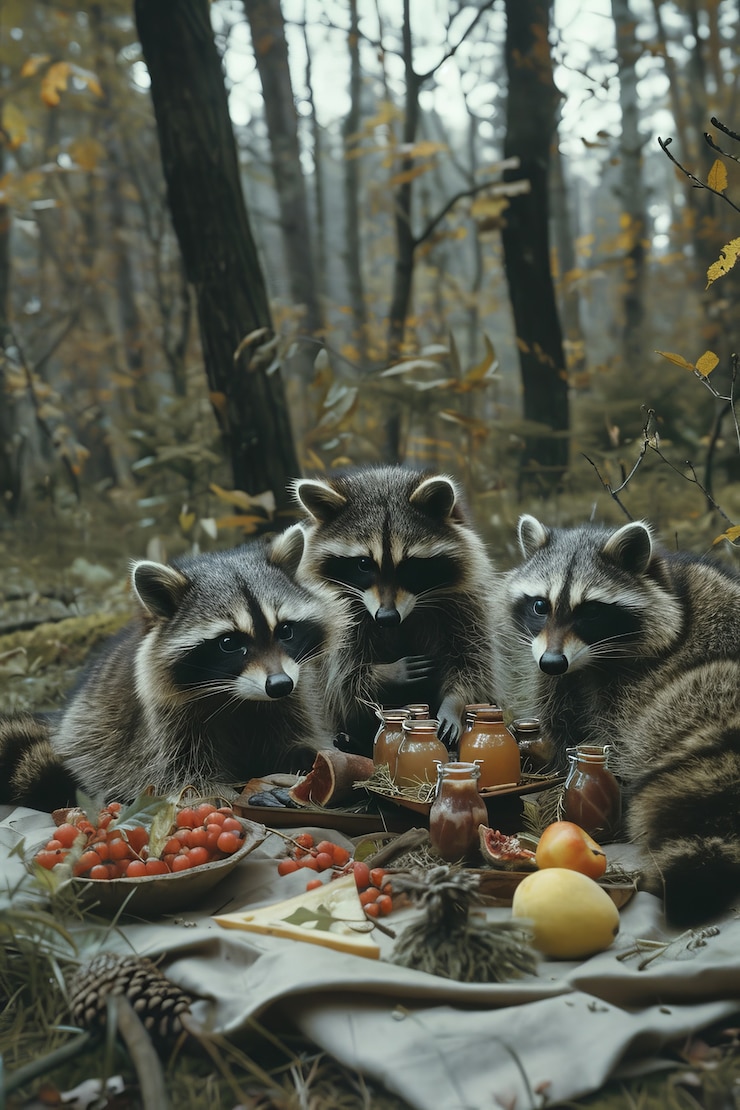 Foto gratuito animales disfrutando de un picnic al aire libre