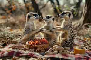 Foto gratuita animales disfrutando de un picnic al aire libre