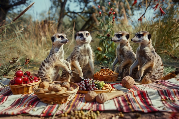 Foto gratuita animales disfrutando de un picnic al aire libre