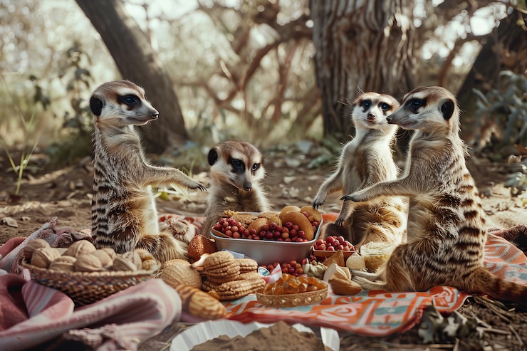Foto gratuito animales disfrutando de un picnic al aire libre