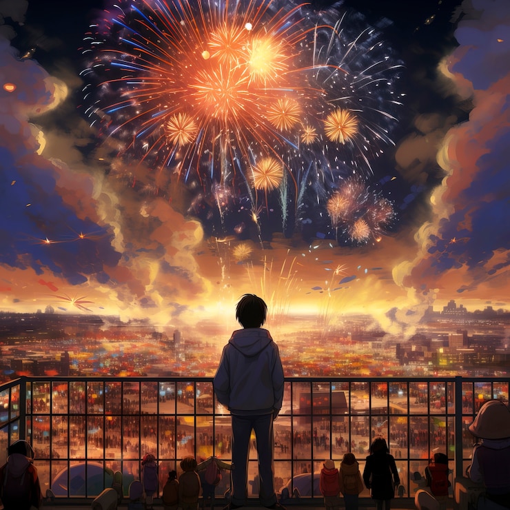 Photo Gratis anime style character with fireworks