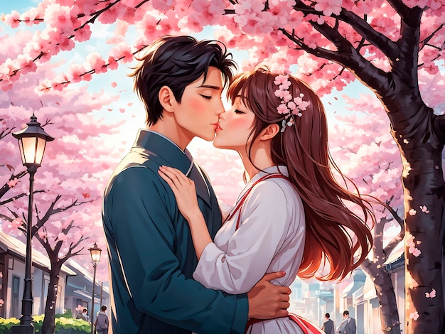 Foto gratuita anime style scene with people showing affection outdoors in the street