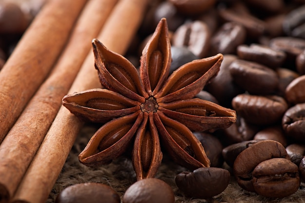 Anís, canela y granos de café sobre fondo de madera vieja