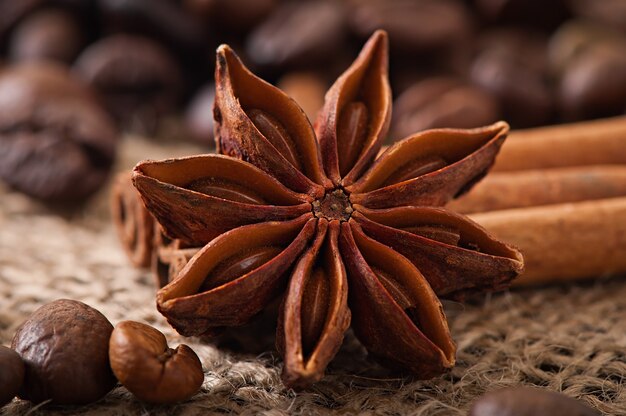 Anís, canela y granos de café sobre fondo de madera vieja