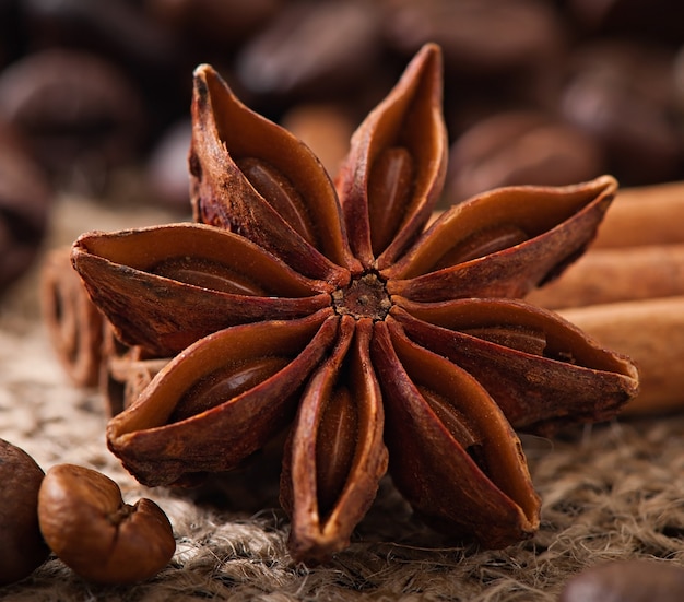 Anís, canela y granos de café sobre fondo de madera vieja