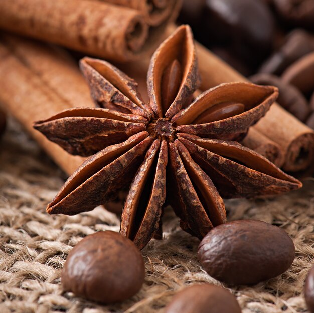 Anís, canela y granos de café sobre fondo de madera vieja