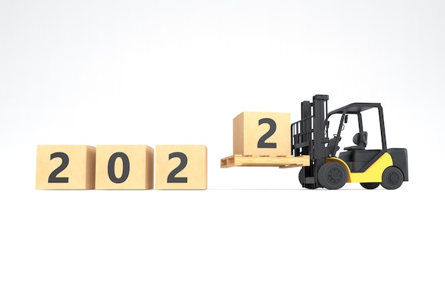 Año nuevo 2022 Forklift está levantando una caja de cartón con el número 2