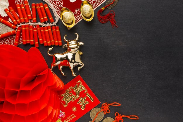 Año nuevo tradicional chino buey copia espacio vista superior
