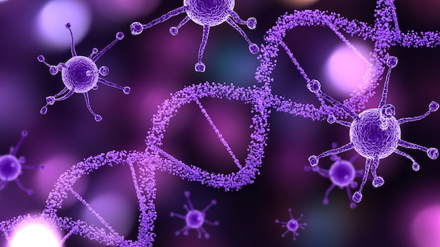 Antecedentes médicos en 3D con células de virus y cadena de ADN