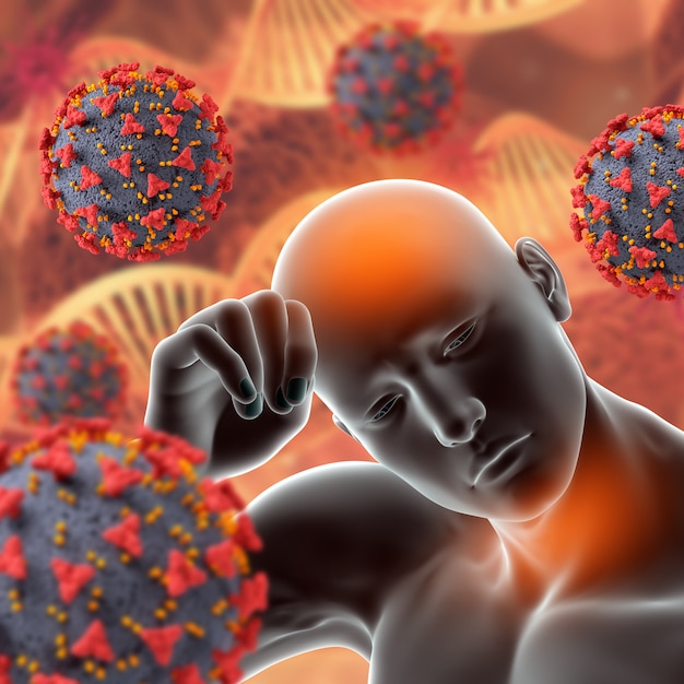 Antecedentes médicos en 3D con células del virus Covid 19 y figura masculina con fiebre y dolor de garganta