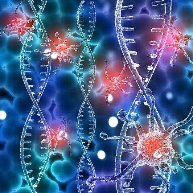 antecedentes médicos con cadenas de ADN y células virales abstractas