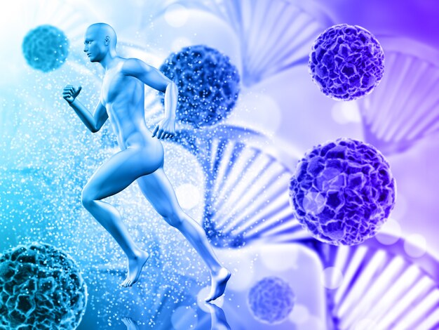 antecedentes médicos con figura masculina corriendo en células de virus