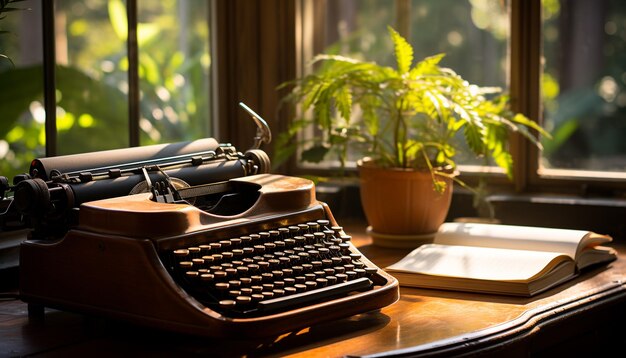 Antigua máquina de escribir sobre una mesa de madera cerca de tecnología antigua generada por inteligencia artificial