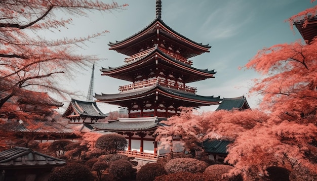 Antigua pagoda se yergue en un bosque otoñal generada por IA