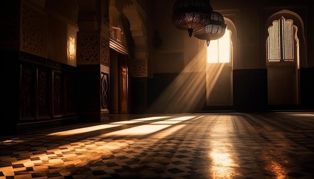 Antiguo corredor iluminado conduce a la espiritualidad moderna generada por IA
