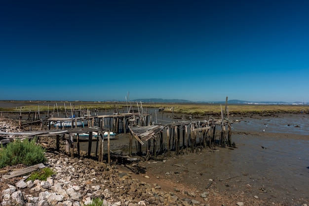 Antiguo deck de madera en ruinas en la orilla bajo la luz del sol en Cais Palafitico da Carrasqueira, Portugal