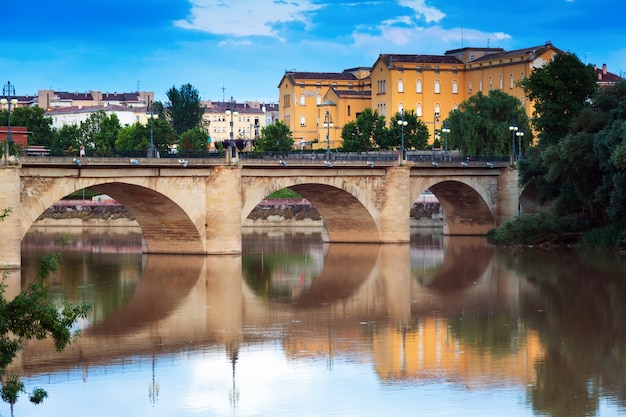 Foto gratuita antiguo puente de piedra sobre ebro en la noche. logroño