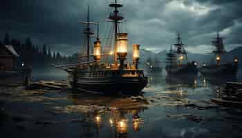 Foto gratuita antiguo velero navega a través de la noche oscura reflejando en el agua generada por la inteligencia artificial
