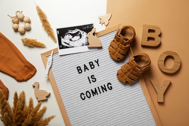Foto gratuita anuncio plano de embarazo con artículos para bebés