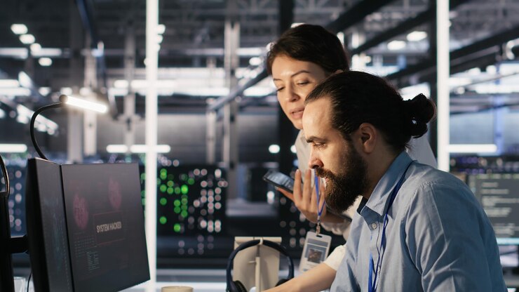 Foto gratuito anxious technicians in data center reacting to system lockdown caused by hacker