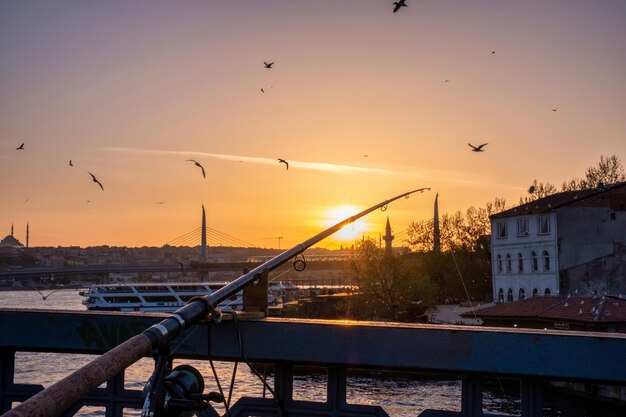 Aparejos de pesca en primer plano de la destacada puesta de sol amarilla de las gaviotas voladoras del mar turco