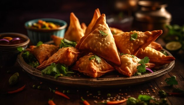 Aperitivo gourmet de samosas fritas y albóndigas generado por IA