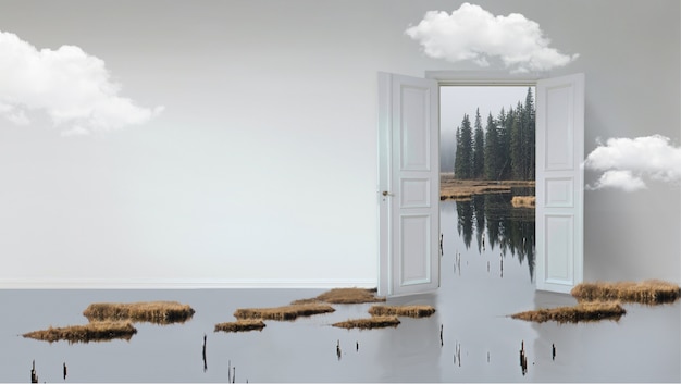 Apertura de puerta revelando lago