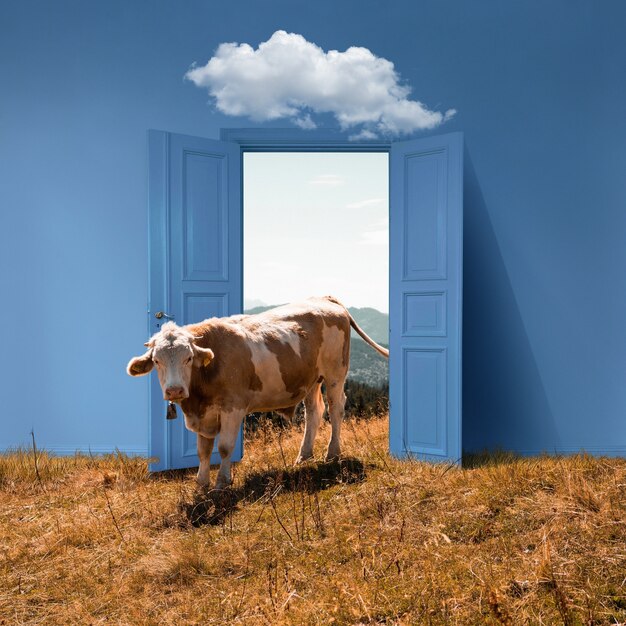 Apertura de puerta revelando vaca