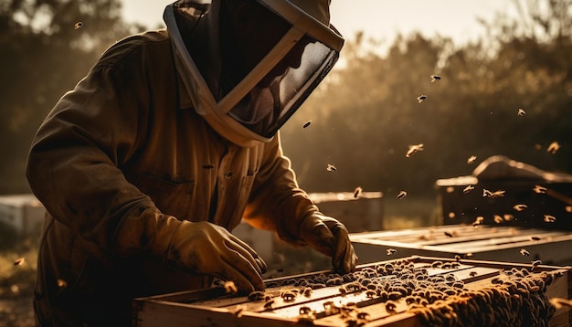 Foto gratuita apicultor en ropa de trabajo protectora con panal al aire libre generado por ia