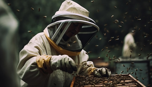 Foto gratuita apicultor en ropa de trabajo protectora tiende a colonia generada por ia