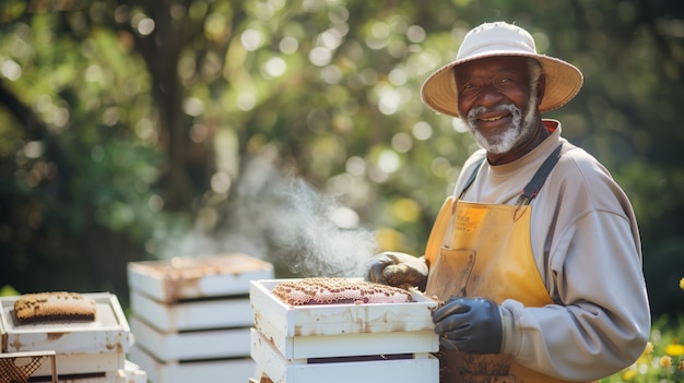 Foto gratuita apicultor trabajando en una granja de abejas