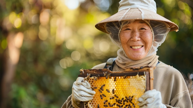 Foto gratuita apicultor trabajando en una granja de abejas