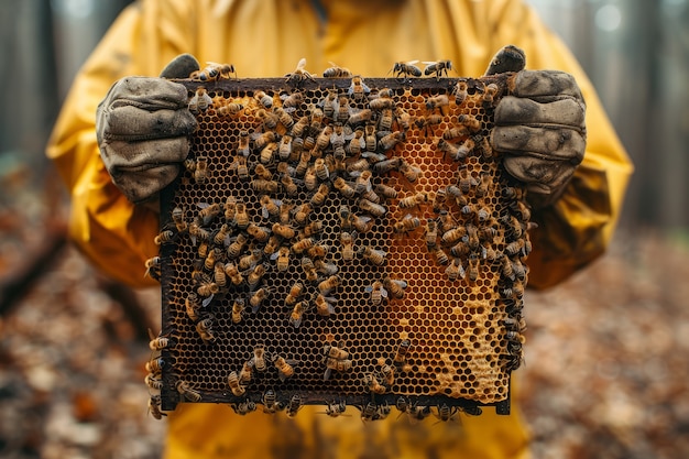 Foto gratuita apicultor trabajando en una granja de abejas