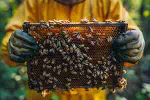 Foto gratuita apicultor trabajando en una granja de abejas