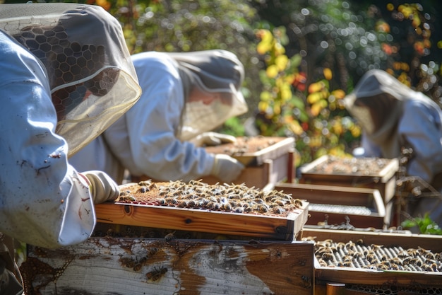 Foto gratuita apicultor trabajando en una granja de abejas