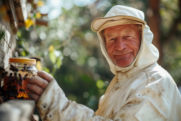 Foto gratuita apicultor trabajando en una granja de abejas